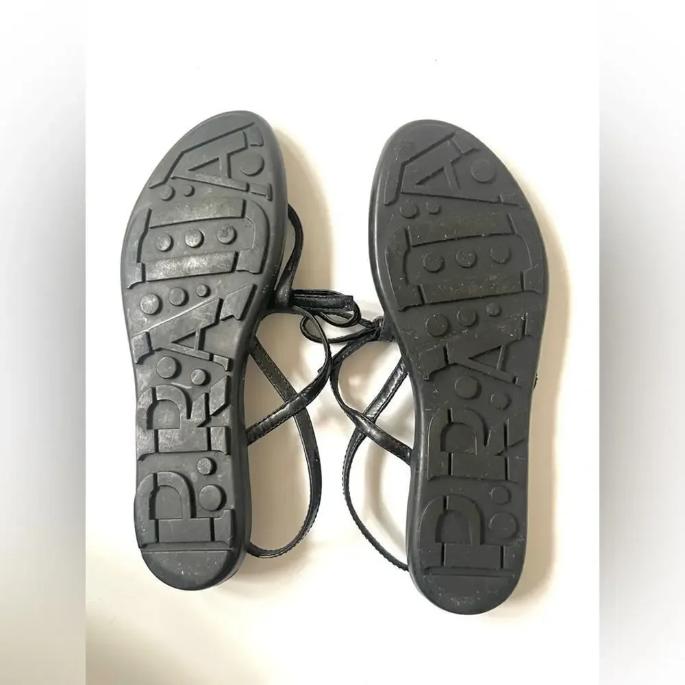 Prada Black Patent leather bow tie logo embellished T strap flat sandals EU 39.5 - Picture 13 of 13